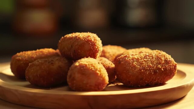 Close-up of Delicious Golden Croquettes on a Wooden Plate: A Mouthwatering Appetizer or Snack, Perfect for Food Photography and Culinary Content Creation