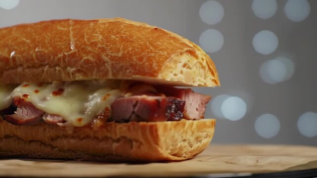 Delicious and appetizing croque madame sandwich with ham and melted cheese on a golden brioche bun rotating on a wooden plate against a bokeh background, food presentation