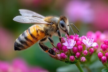 Honeybee in Flight Gathering Pollen from Vibrant Pink Flowers