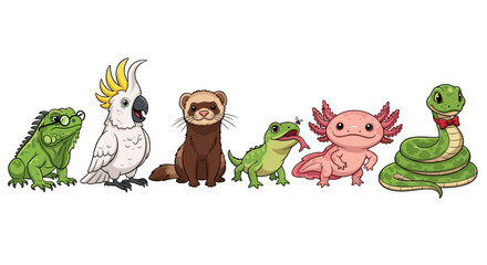 Cute Cartoon Exotic Pets Lined Up In A Row
