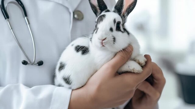 A veterinarian carefully holds a fluffy, spotted rabbit during a checkup. The bunny looks curious and calm in the vet's gentle hands, ready for its examination.