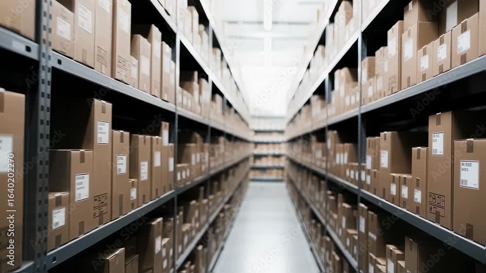 Poster clean and bright inventory room with sequential rows of cardboard boxes stored on metal racks.