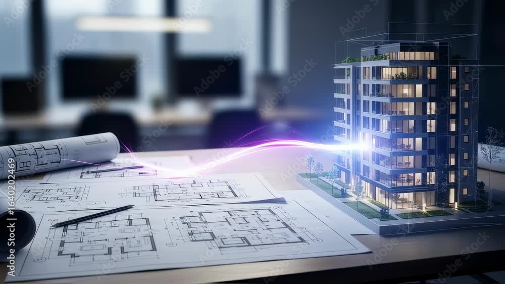 Aufkleber conceptual image showing transformation of architectural drawings into detailed digital 3d models.