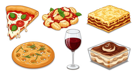 Delicious Italian Feast: Assortment of Classic Dishes and a Glass of Wine