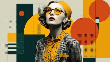 Stylish woman wearing yellow sunglasses and hat posing against a backdrop of colorful geometric shapes, showcasing a blend of retro and modern aesthetics