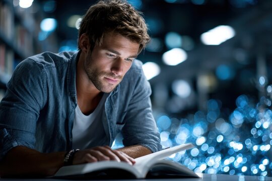 Young Man Focused Intensely Reading Book Night Study