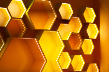 Illuminated hexagonal wall display in warm colors