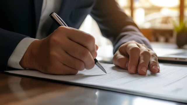 A close-up shot of a person in formal attire signing a document on a desk. The scene suggests a business transaction, contract signing, or official agreement, with a focus on the process.