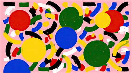 Abstract artwork of vibrant circles and lines on a pale pink background.  Dynamic mix of primary colors