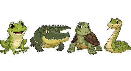Fototapeta premium Cartoon amphibians and reptiles isolated on a white background.