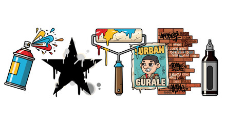 Bold Graffiti Art Supplies Composition Isolated on White Background