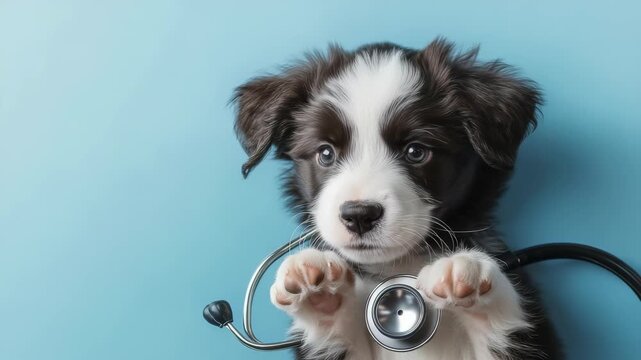 A captivating portrait of a black and white puppy donning a stethoscope against a vibrant blue background. The scene creates a delightful image, ideal for illustrating veterinary care or pet health aw