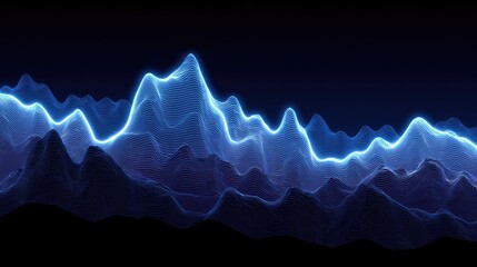 Abstract landscape, glowing mountain range.  Dark background,  blue-toned peaks and valleys.  Illuminated by light-blue energy lines