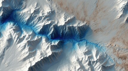 High-angle view of a snow-capped mountain range with a winding blue river