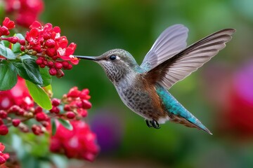 Fototapeta premium Hummingbird in Flight Nectar Feeding Red Blossoms Green Background