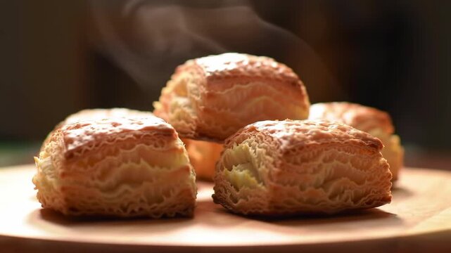 Steaming hot khari biscuits on a wooden plate, showcasing the flaky texture and inviting aroma in a cozy, well-lit setting perfect for food-related content