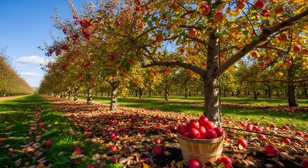 Rows of apple trees laden with ripe red fruit in a sunny orchard, ready for harvest.
