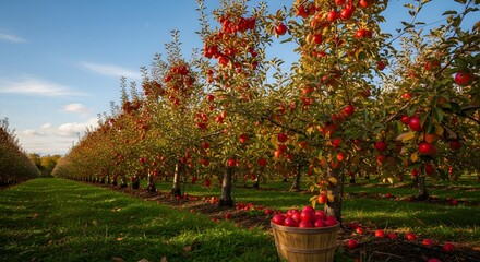 Naklejka premium Apple orchard with rows of trees laden with ripe red apples, and a basket filled with harvested fruit in the foreground.