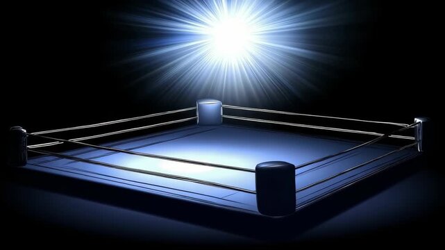 A boxing ring with a bright light shining on it. The light is coming from the top right corner