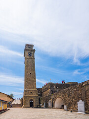 Fototapeta premium Moon Bastion with clocktower at the historic Galle Fort in Sri Lanka, a UNESCO heritage site originally built by the Portuguese in 1588 and later fortified by the Dutch in the 17th century.