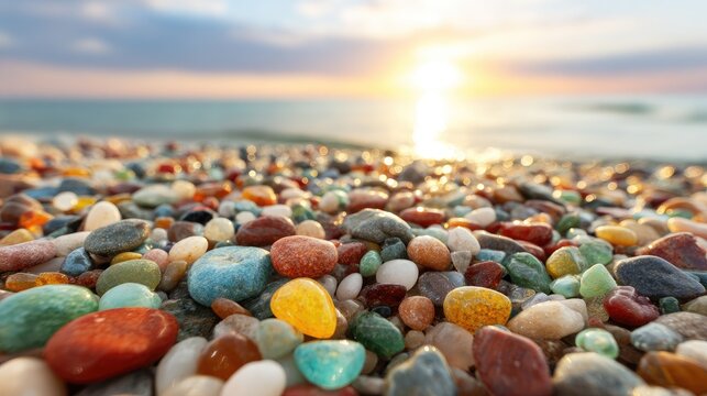 Colorful pebbles on a beach at sunset