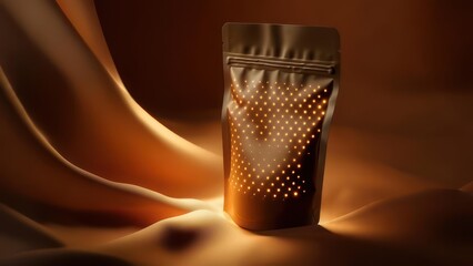 Brown pouch with glowing dots on a draped surface