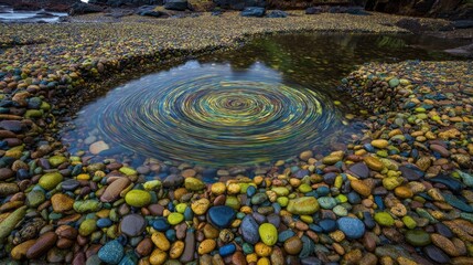 Colorful, swirling water in a rock-lined pool.  A high-angle view of a shallow, circular pool of water, surrounded by a mosaic of multicolored stones.