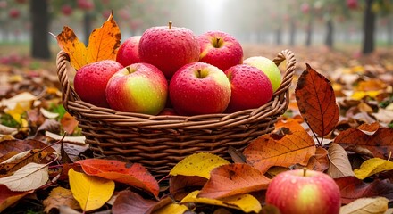 A wicker basket overflowing with ripe red apples sits amidst a carpet of autumn leaves in an orchard.