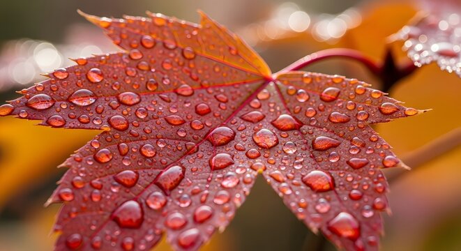Close-up of a vibrant autumn maple leaf covered in glistening water droplets.