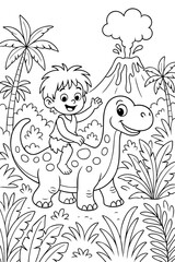 coloring page for children, black outline. Child riding dinosaur in a jungle scene with palm trees and a volcano in a playful coloring page illustration. vertical