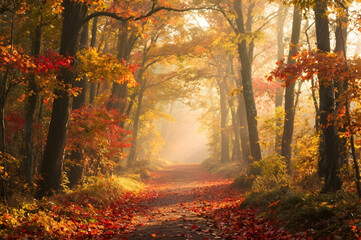 Fototapeta premium Golden autumn forest path with morning sunlight and colorful leaves — seasonal nature landscape