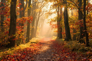 Golden autumn forest path with morning sunlight and colorful leaves — seasonal nature landscape