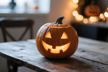 Fototapeta premium Halloween pumpkin with candle light and cozy home background — festive autumn decor