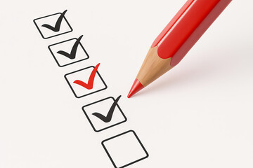 Red pencil checking boxes on a checklist with black and red check marks on white background. concept of organization, task management, planning, and completion of work.