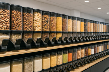 Variety of grains, nuts, and cereals in transparent dispensers at a modern grocery store. concept of food diversity, bulk shopping, and healthy eating choices