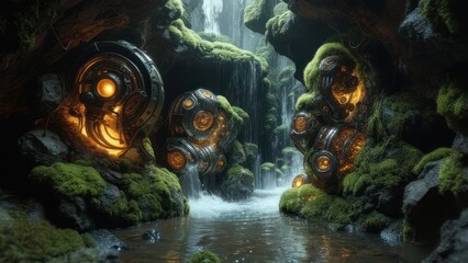 Cave, waterfall, glowing orbs