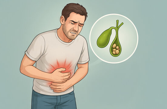 Illustration of man suffering from gallstones and stomach pain with diagram of gallbladder on blue background. concept of medical condition, digestive health, healthcare awareness