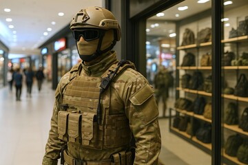 Fototapeta premium Tactical gear display mannequin in shopping mall showcasing military camouflage clothing and equipment. concept of modern apparel, security, tactical gear display