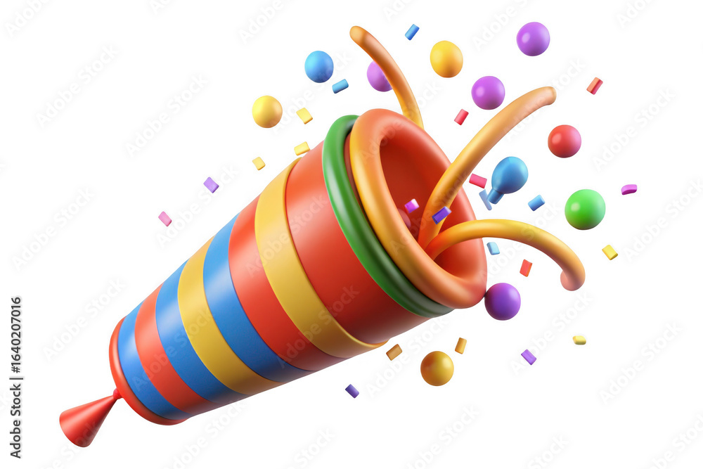 Aufkleber 3d confetti popper exploding with colorful streamers and balls isolated on transparent background
