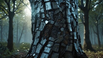Futuristic tree trunk in a foggy forest