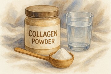 Watercolor jar of collagen powder and wooden scoop with glass on textured background. concept of natural health supplement, beauty product, wellness regimen