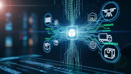 Closeup of blockchain code hologram merging with supply chain icons. - Powered by Adobe