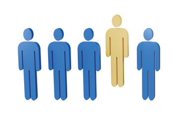 3d group of people icon. yellow person highlighted among blue figures. individuality and leadership concept. minimal human symbol isolated on white background. 3d render.