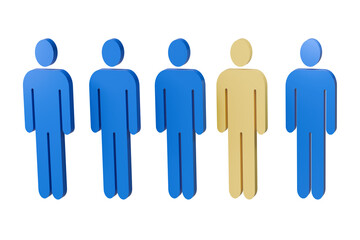 3d group of people icon. yellow person standing among blue figures. individuality and leadership concept. minimal human symbol isolated on white. 3d render.