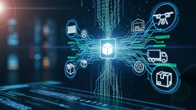 Closeup of blockchain code hologram merging with supply chain icons.