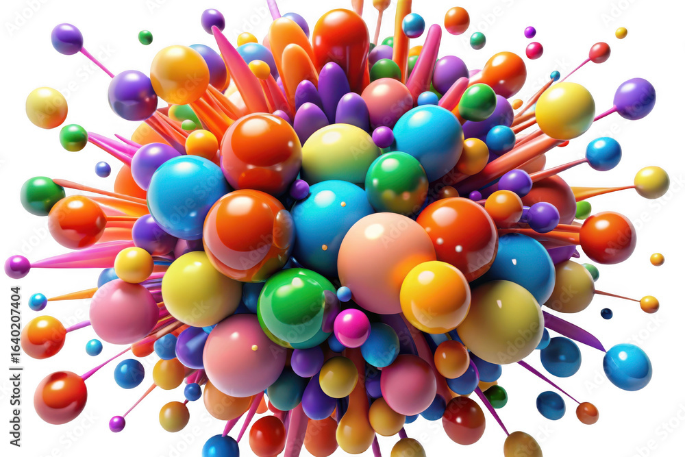 Poster 3d colorful abstract explosion of spheres isolated on transparent background