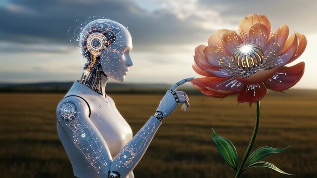 Computerized neural network embodied in robot examining biomechanical flower in field.