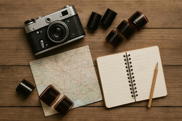 Retro camera and photography accessories with map and notebook for creative exploration and travel planning concepts