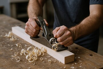 Carpenter skillfully planing wooden board with hand plane on workbench in workshop. concept of craftsmanship, woodworking, manual labor