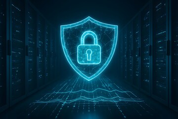 Cybersecurity Data Center with Glowing Lock and Shield Representing Network Protection and Secure Data Transmission in a High Tech Environment